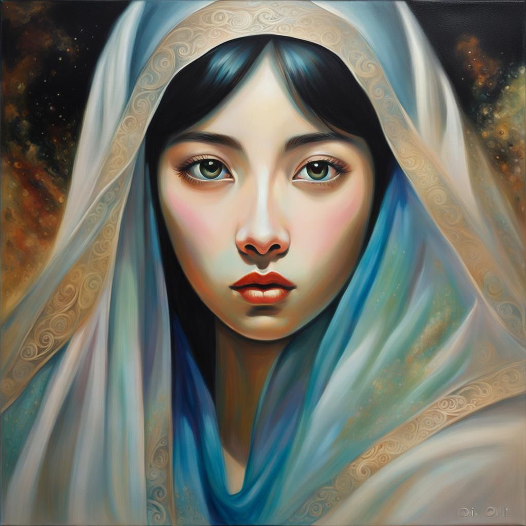 "Create a surreal portrait of an oriental girl with delicate...