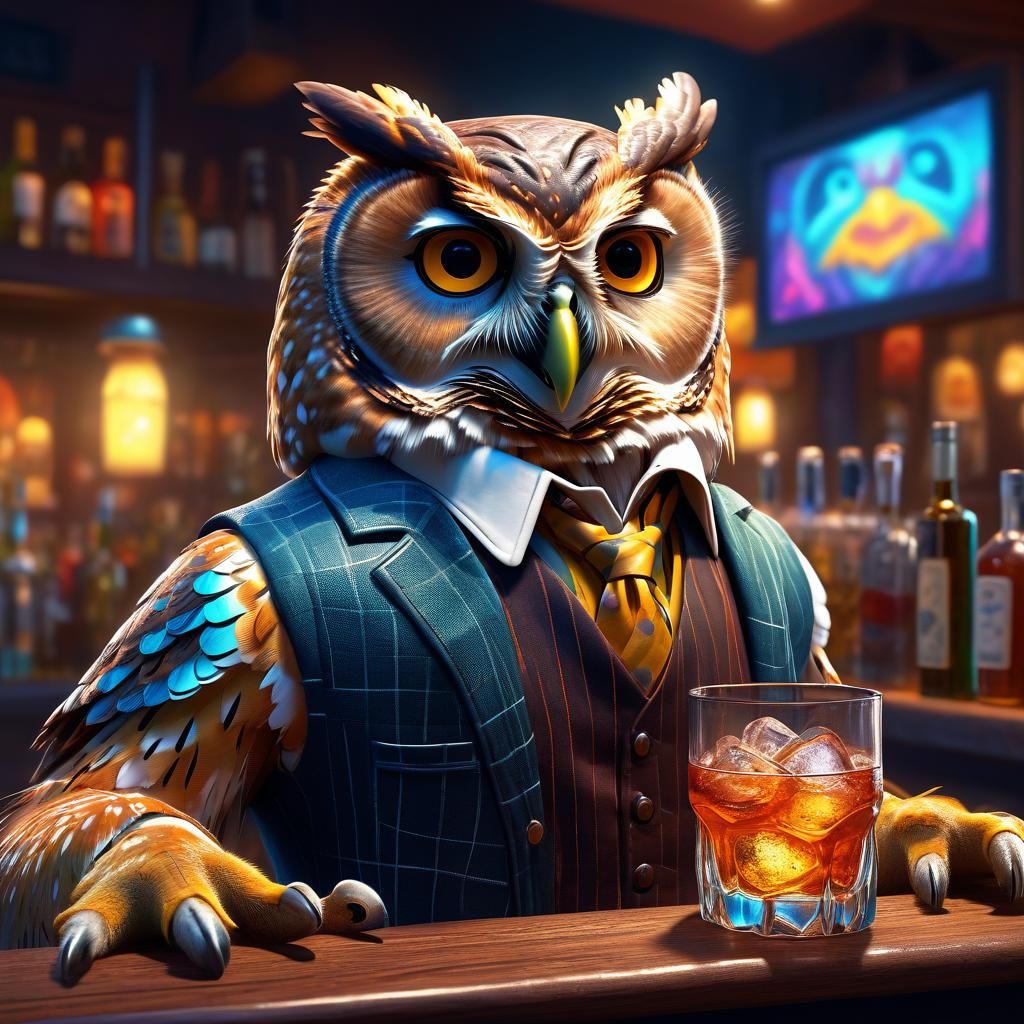 Anthropomorphic owl Bartender  by @MonikaW