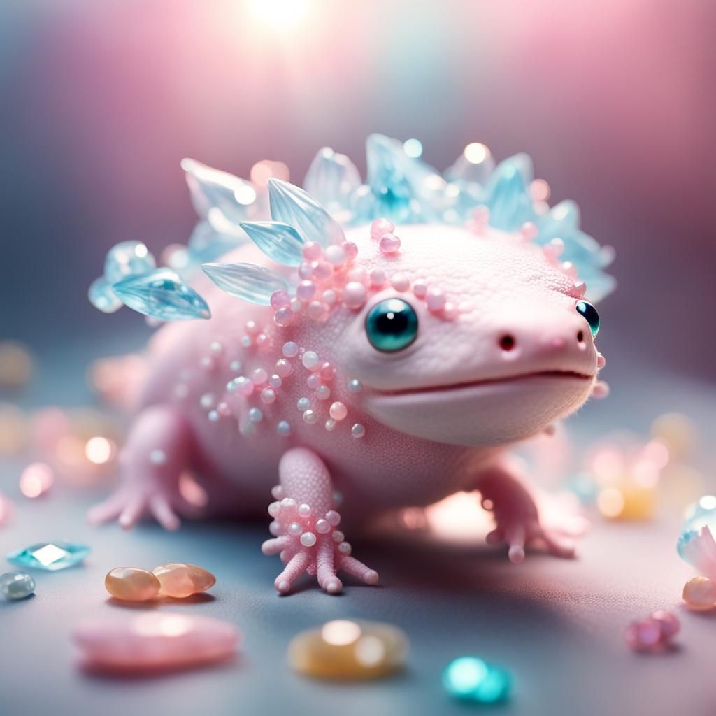 "Pastel pink and pastel blue axolotl made of gems"