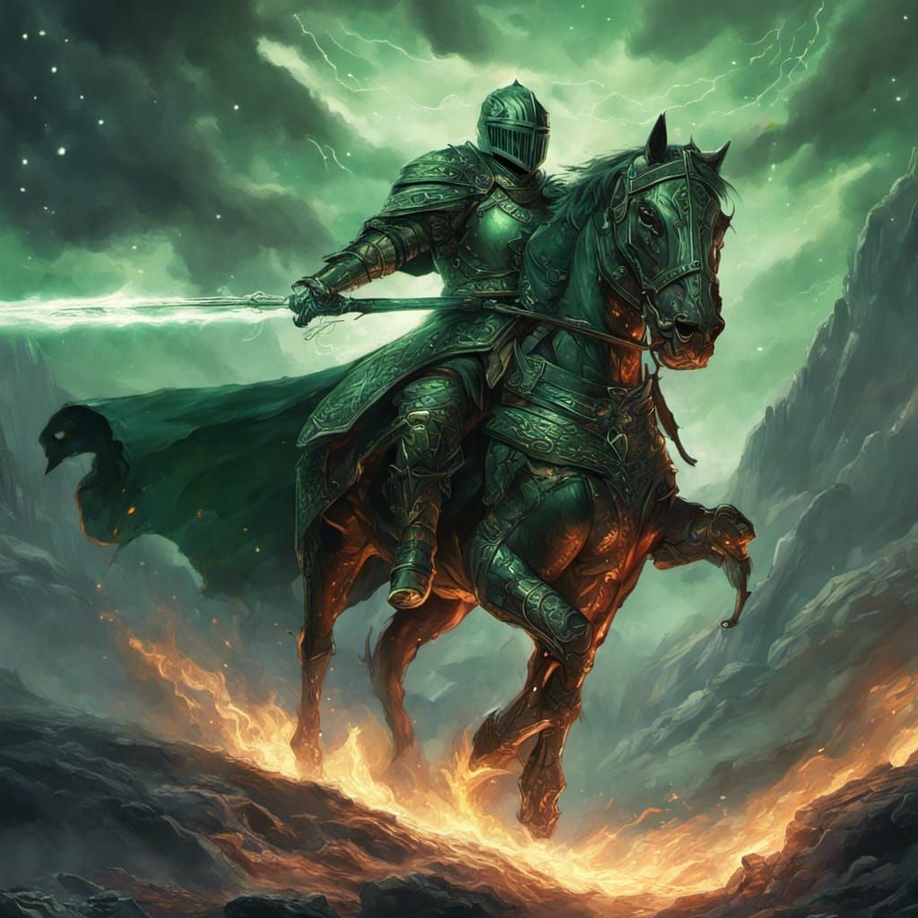 A Green Armored Male Knight With Magic Fire Sword Epic cinem...