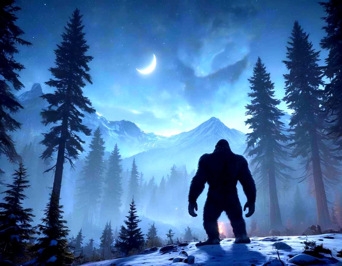 bigfoot off to the side a scene of a evergreen forest with a crescent moon and mountains in the background.