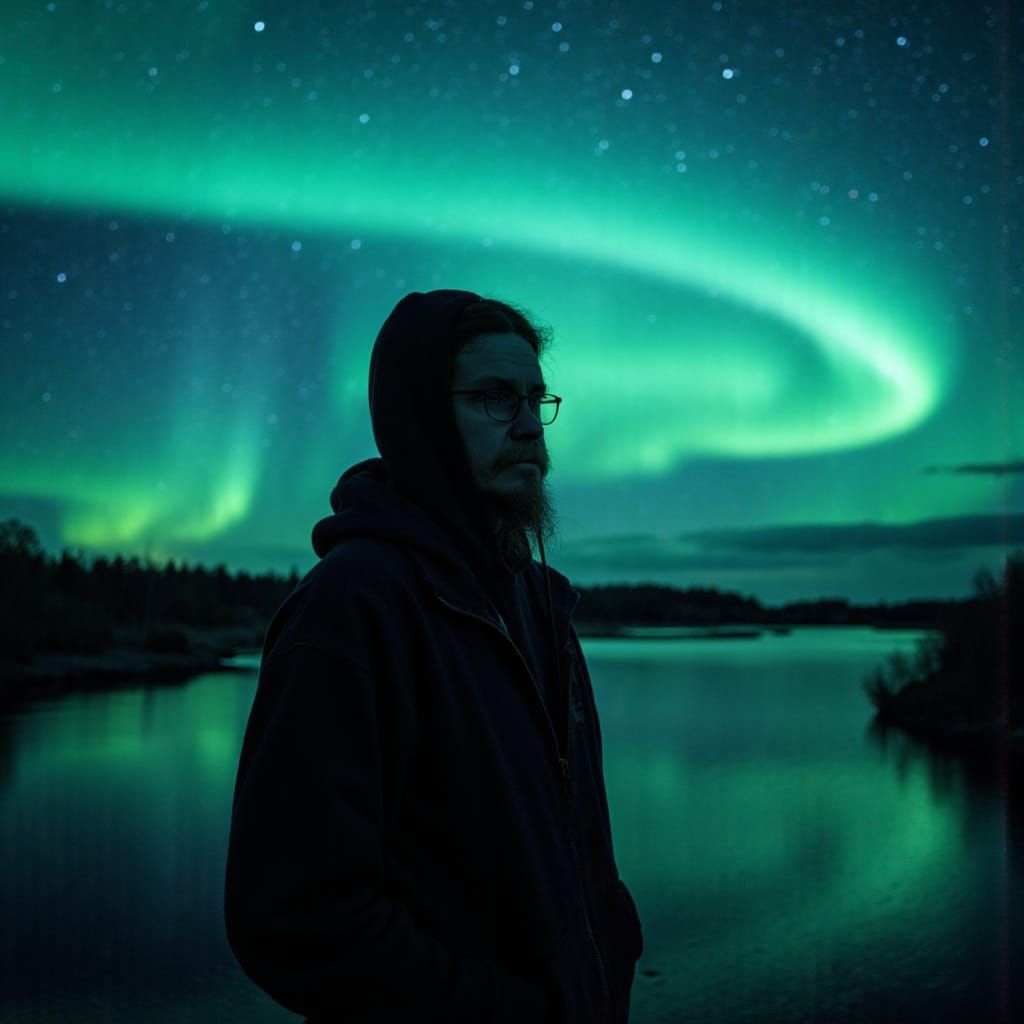 full body photo, man with glasses.  hoodie on, hood on head. Camera in hand in night landscape. Northern lights in the s...