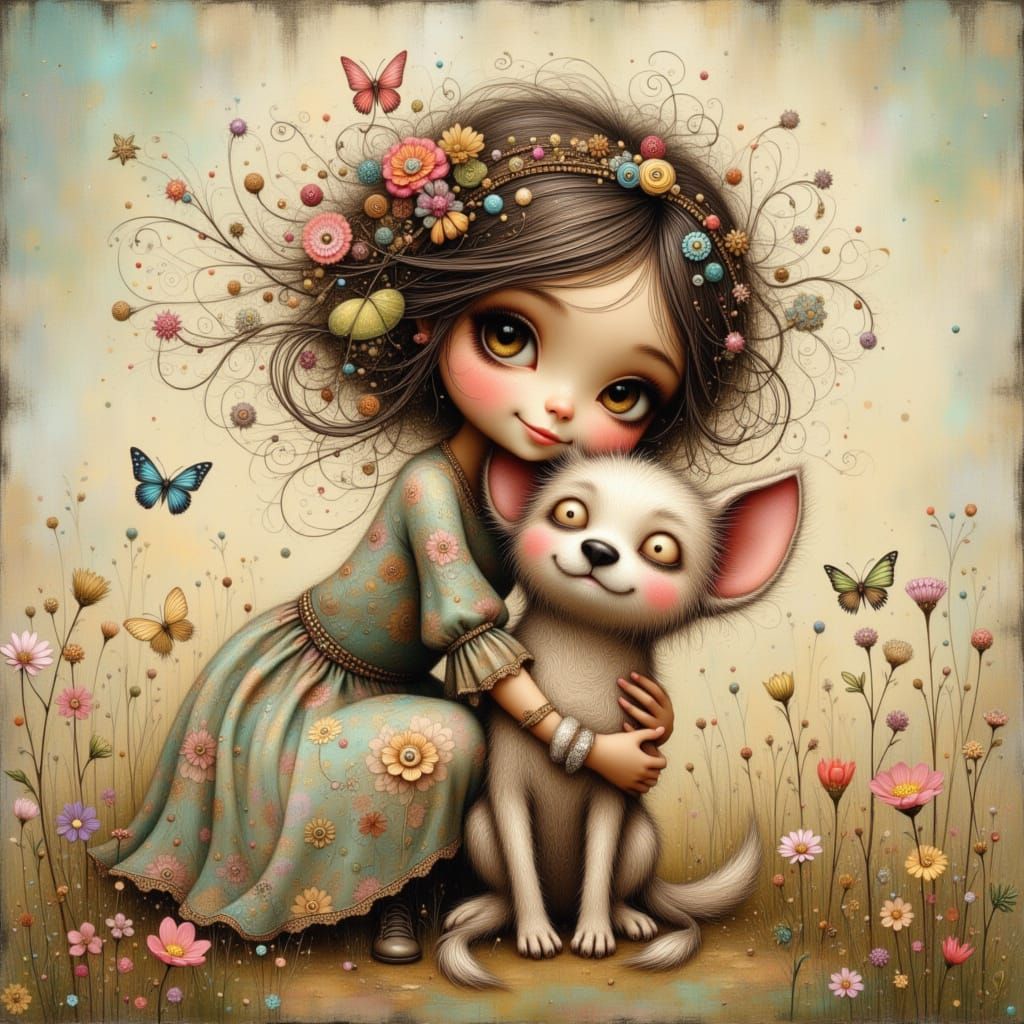 <lora:Shadow whimsy:1.0> <lora:Bohemian Whimsy:1.0> <lora:Whimsical Whispers:1.0>"whimsical girl hugging a whimsical dog" 