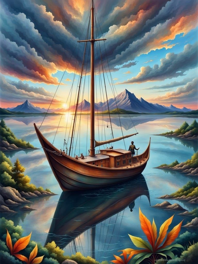 <lora:Colorful Magic Flux:1.0> expansive shot, watercolor style, a stunning leaves sailboat floating between the clouds, leaves parts, shiny...