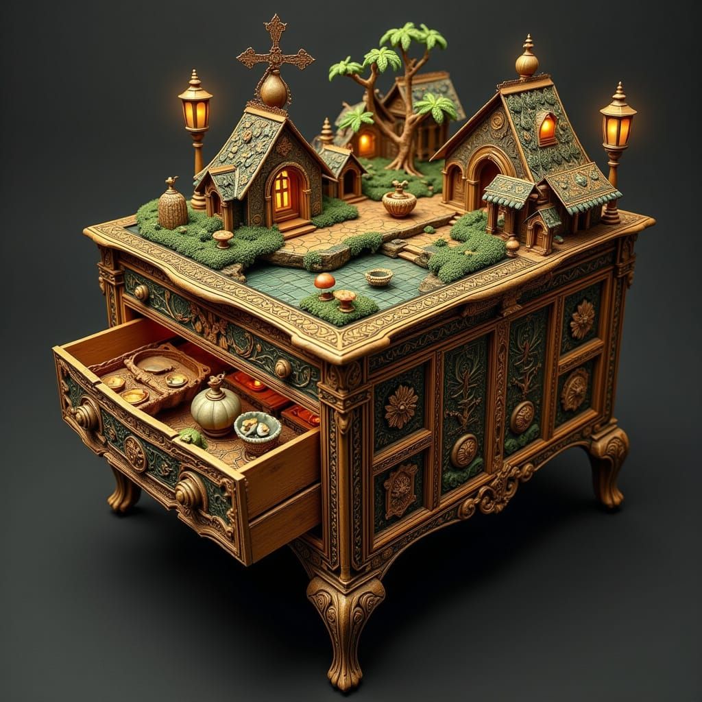 <lora:tavoletta:1.0> a carved wooden table with drawers, on the surface of which and in the half-open drawers there is a fairy-tale microwor...