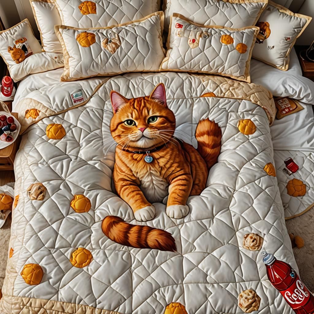 A picture of an adorable quilted Garfield cat lying on a quilted bed ...