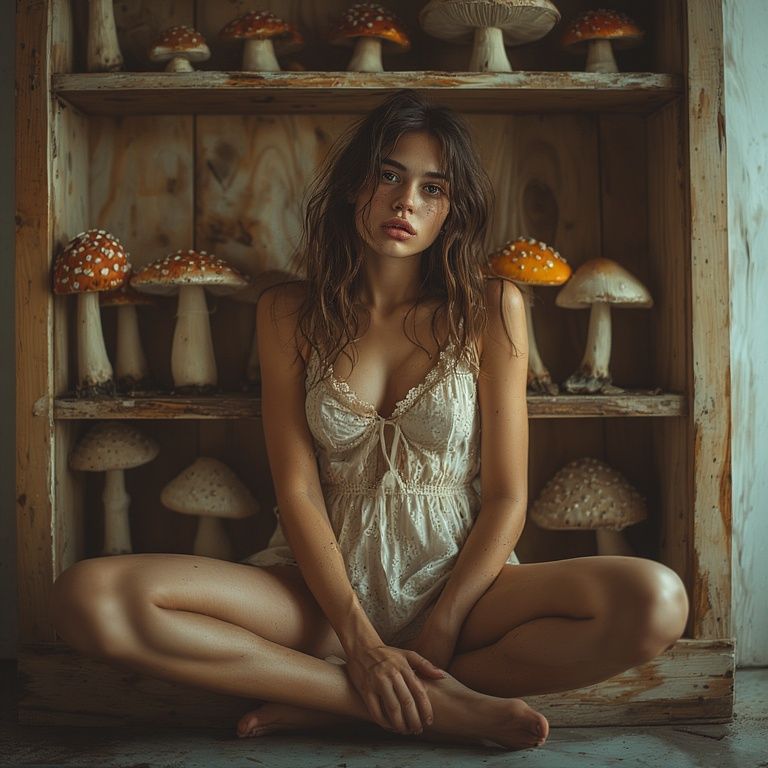 On a shelf with mushrooms