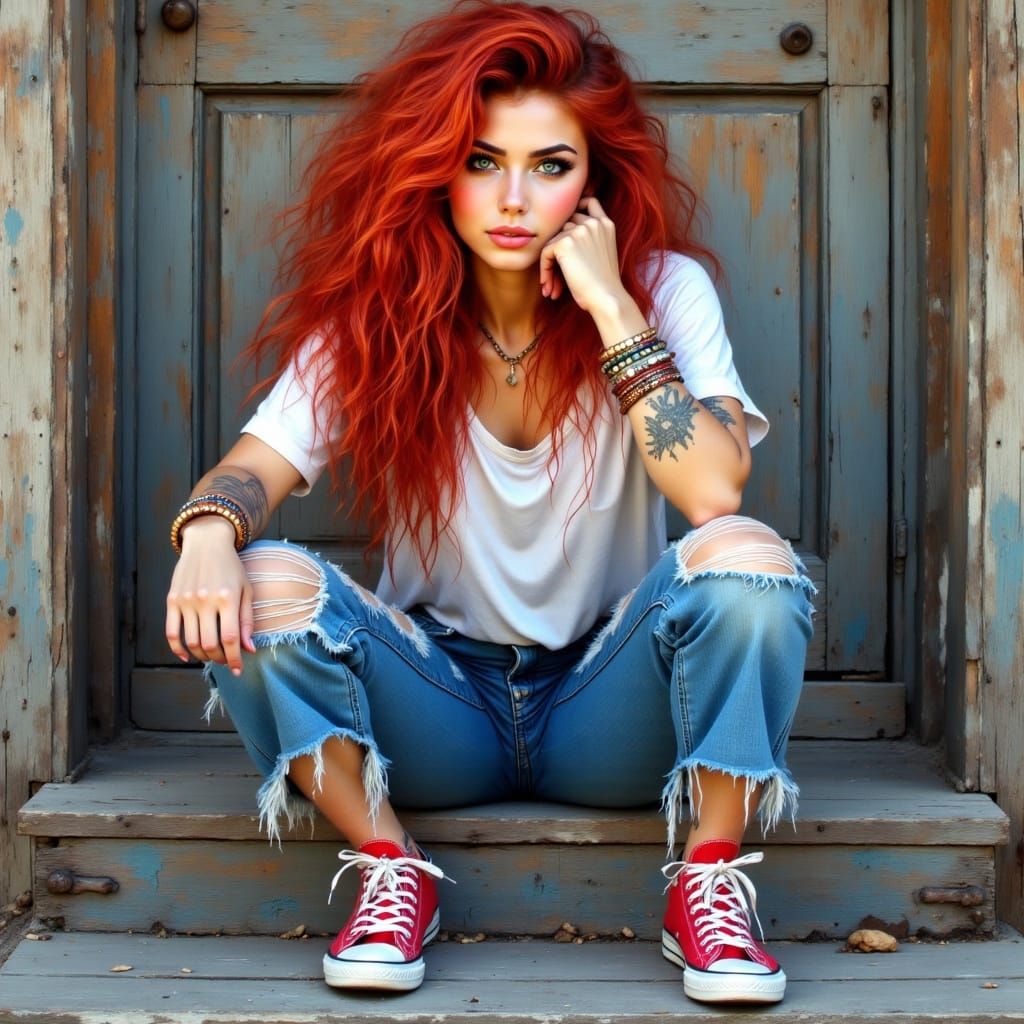 Red Haired Woman on Steps in Gouache Style