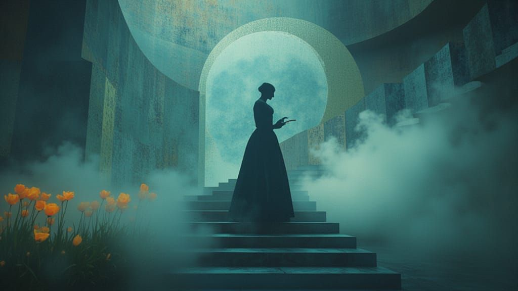 Abstract ethereal portrait of gothic Alice by the rabbit hole, stood through wafting clouds of spirit vapor; impeccable top lighting, contra...