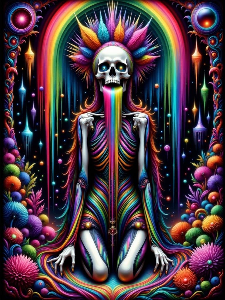 Half-Woman Skeleton Spews Rainbow Glitter in Sinister Cabare...