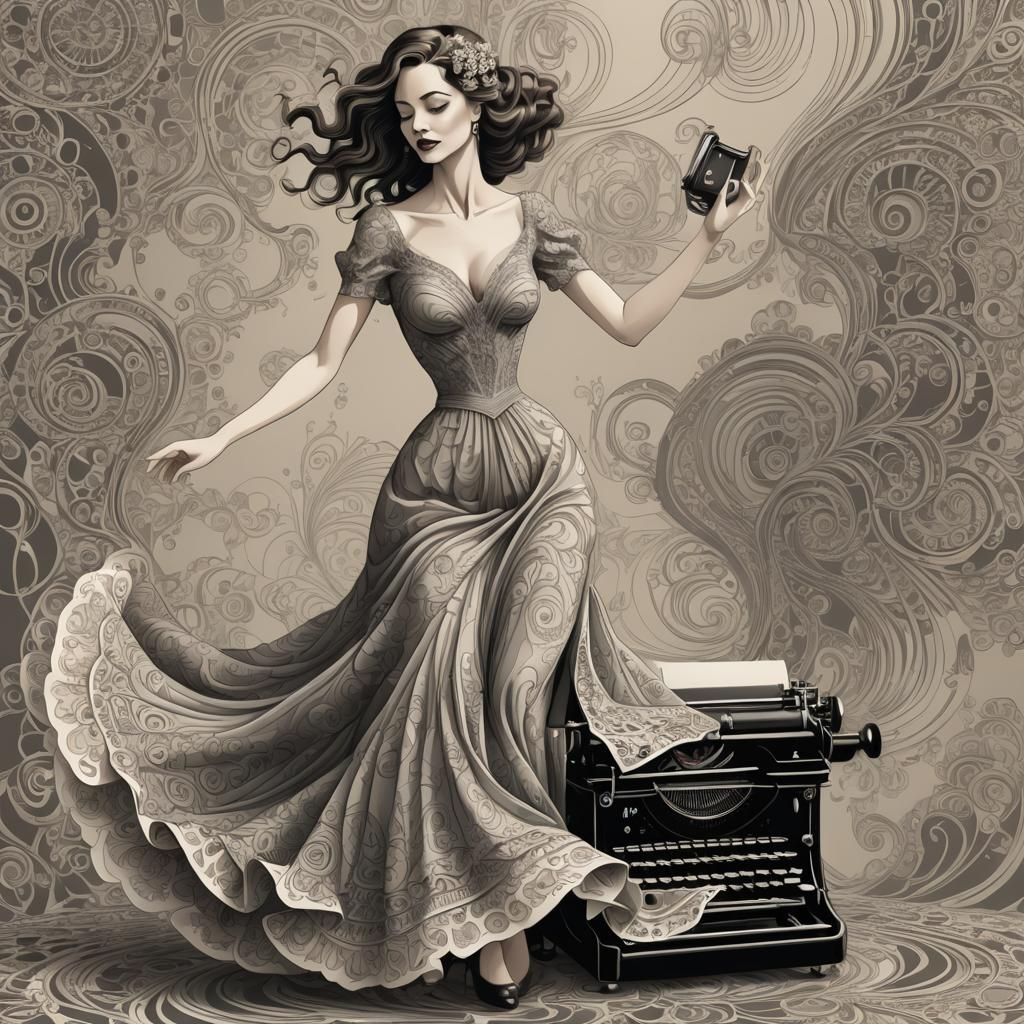 A slim lady wearing a gown dancing with a vintage typewriter. abstract vector fractal, wave function, Zentangle, 3d shad...