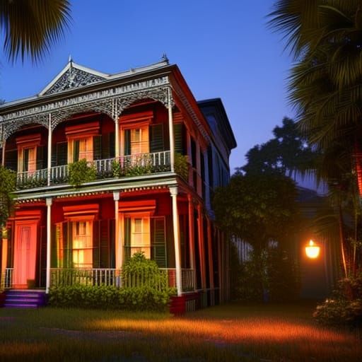 Victorian House in New Orleans Garden District at midnight, tropical