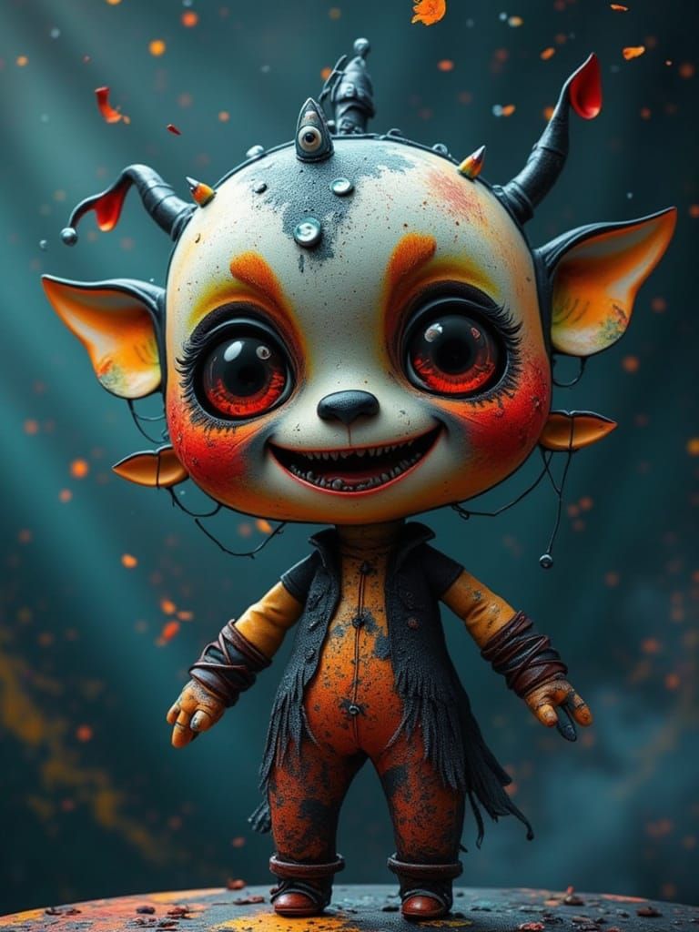 An ultrarealistic, hyper-detailed close-up of an adorable cute chibi voodoo doll, stitched with patches of various fabrics, giving a thumbs-...