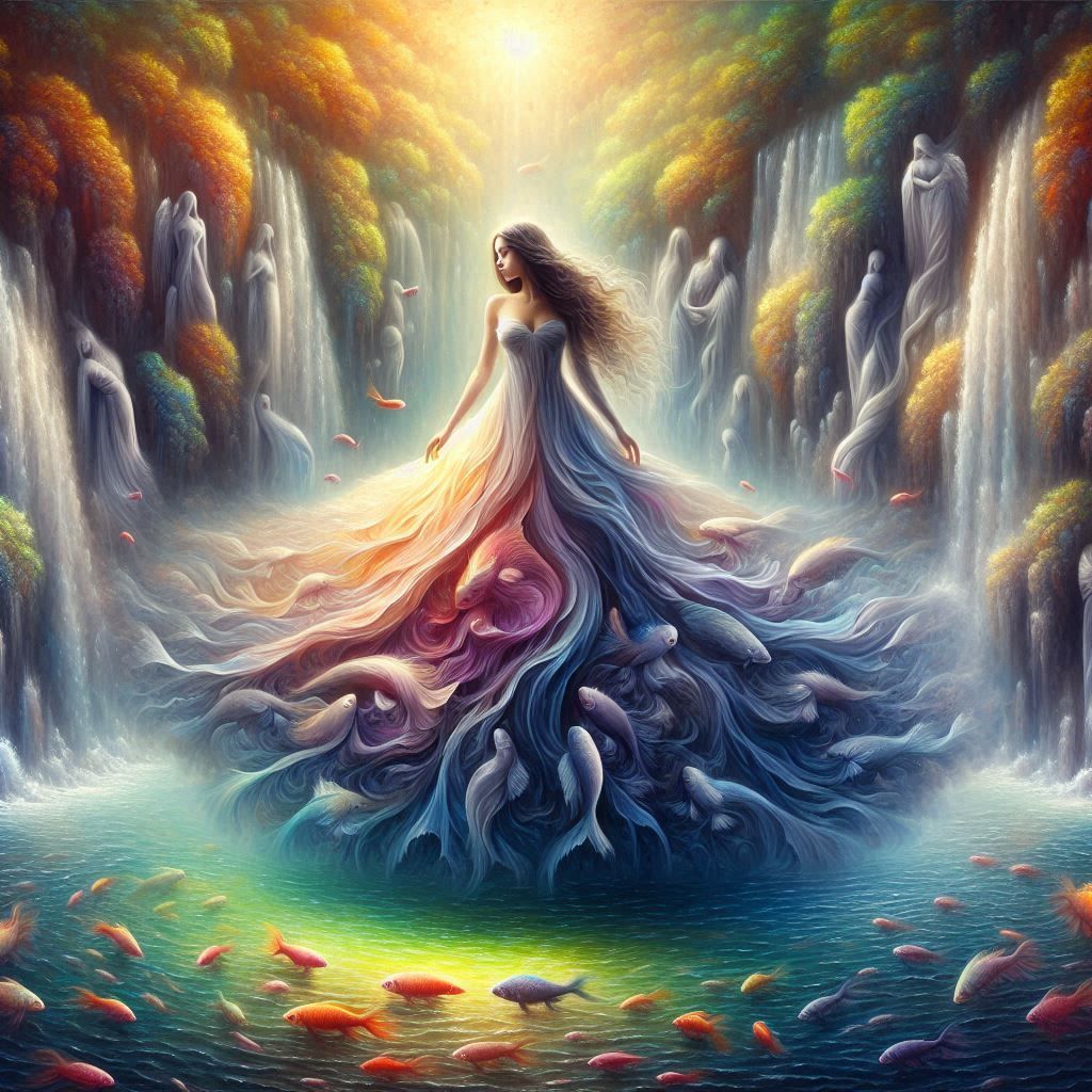 water fishes and the lady. surreal