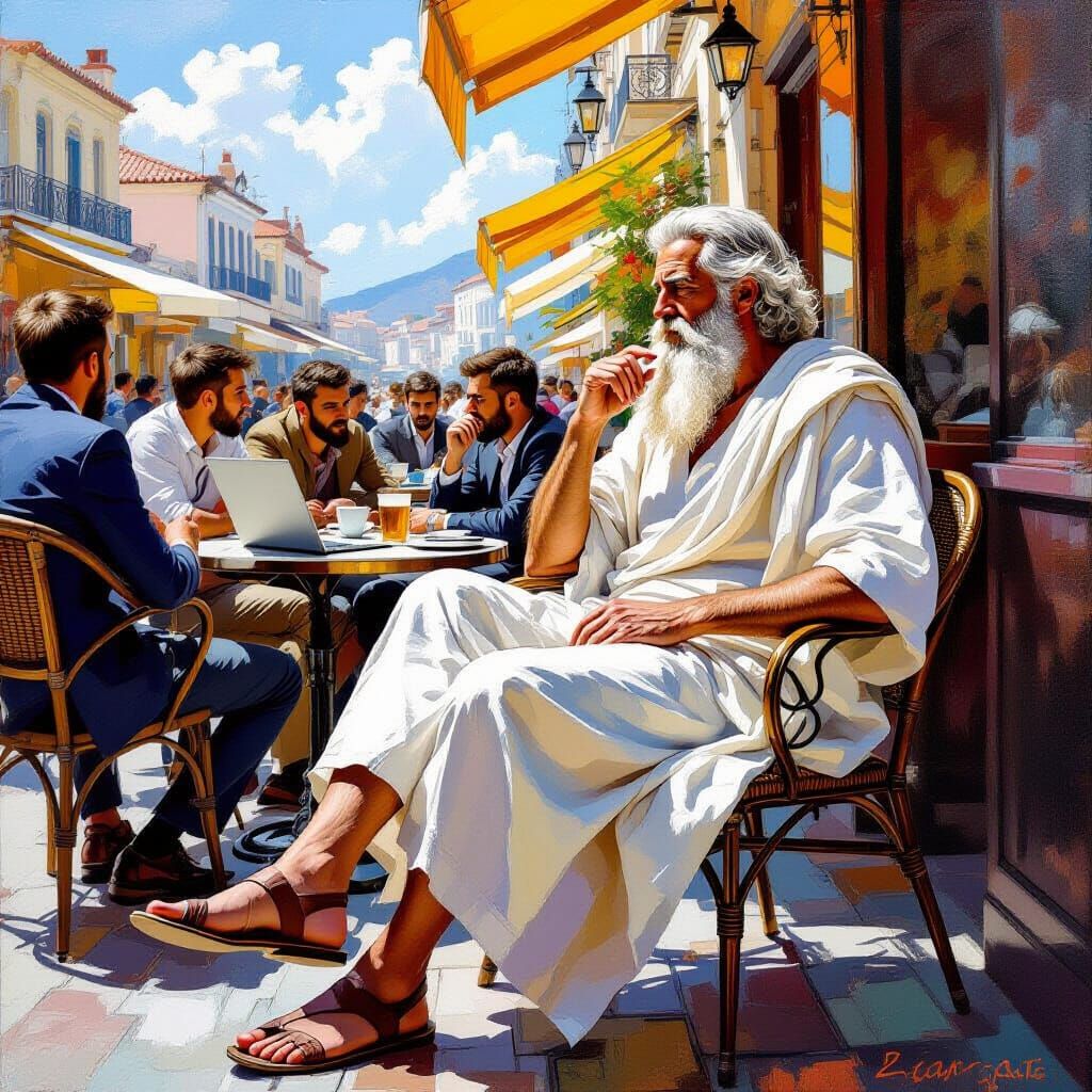 A Greek philosopher in a contemporary cafe  by @shahar goren
