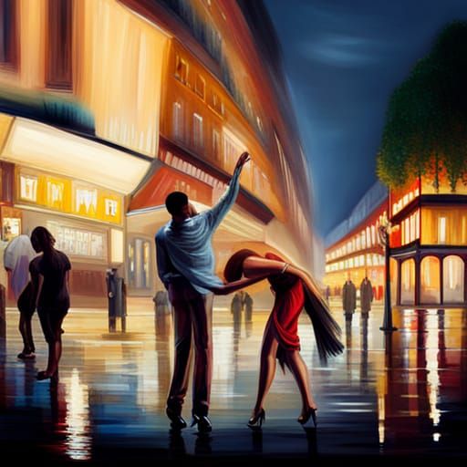 An romantic oil painting of two kizomba dancers on a street ...