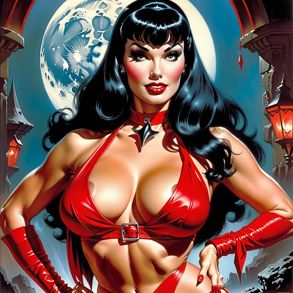 FRANK FRAZETTA STYLE, BORIS VALLEJO STYLE, Bettie Page as Vampirella,  wearing a red sling bikini, COVER OF COMICS - AI Generated Artwork -  NightCafe Creator