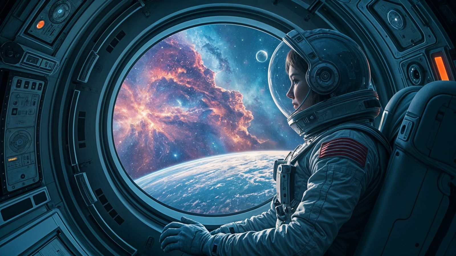 Cosmic Spacecraft Woman Surveys Astral Storm