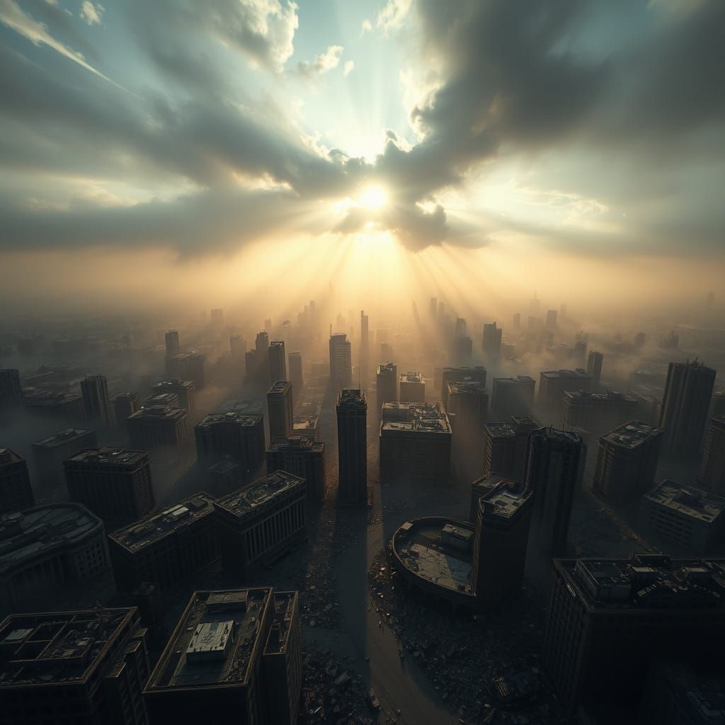 War/Dramatic

Idea: Drone view over a devastated city after a natural disaster or war. Sun rays filter through smoke and dust.
Emotion: Tens...