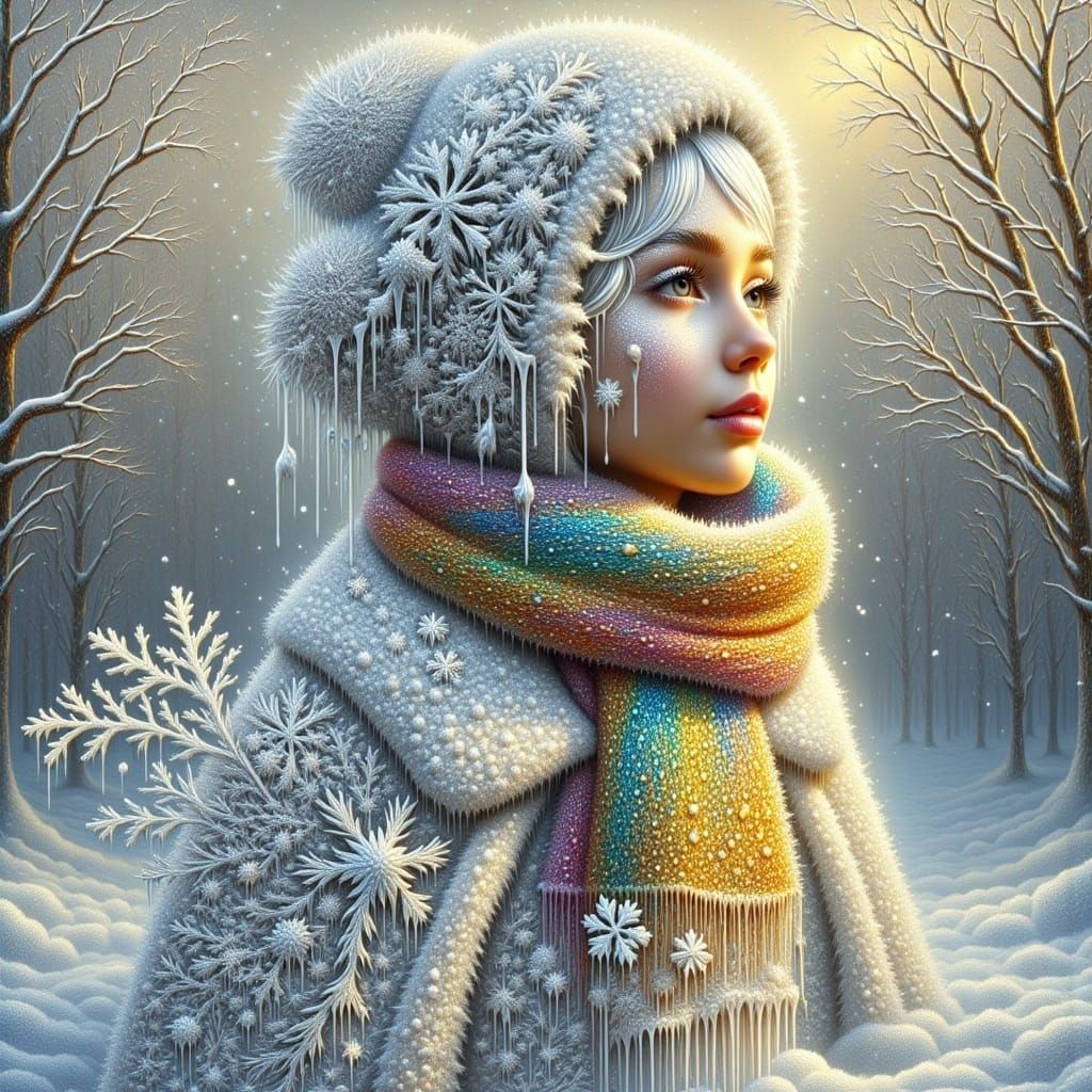 <lora:Frozen time:1.0>Imagine a gorgeous exotic ballerina entirely made of shiny silver and golden snowflakes in a metallic texture, she is...