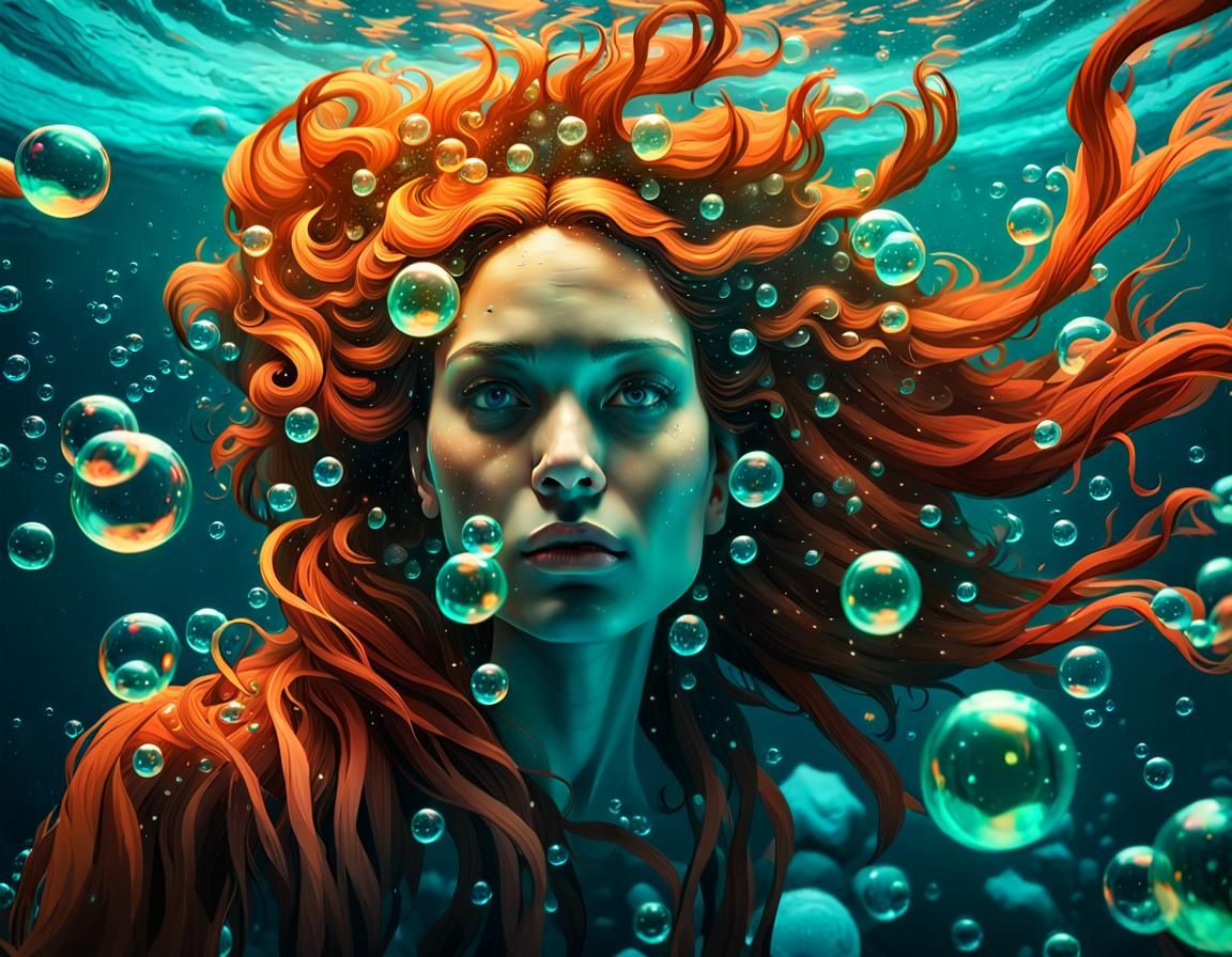 a beautiful woman being underwater with her head. bubbles ar...