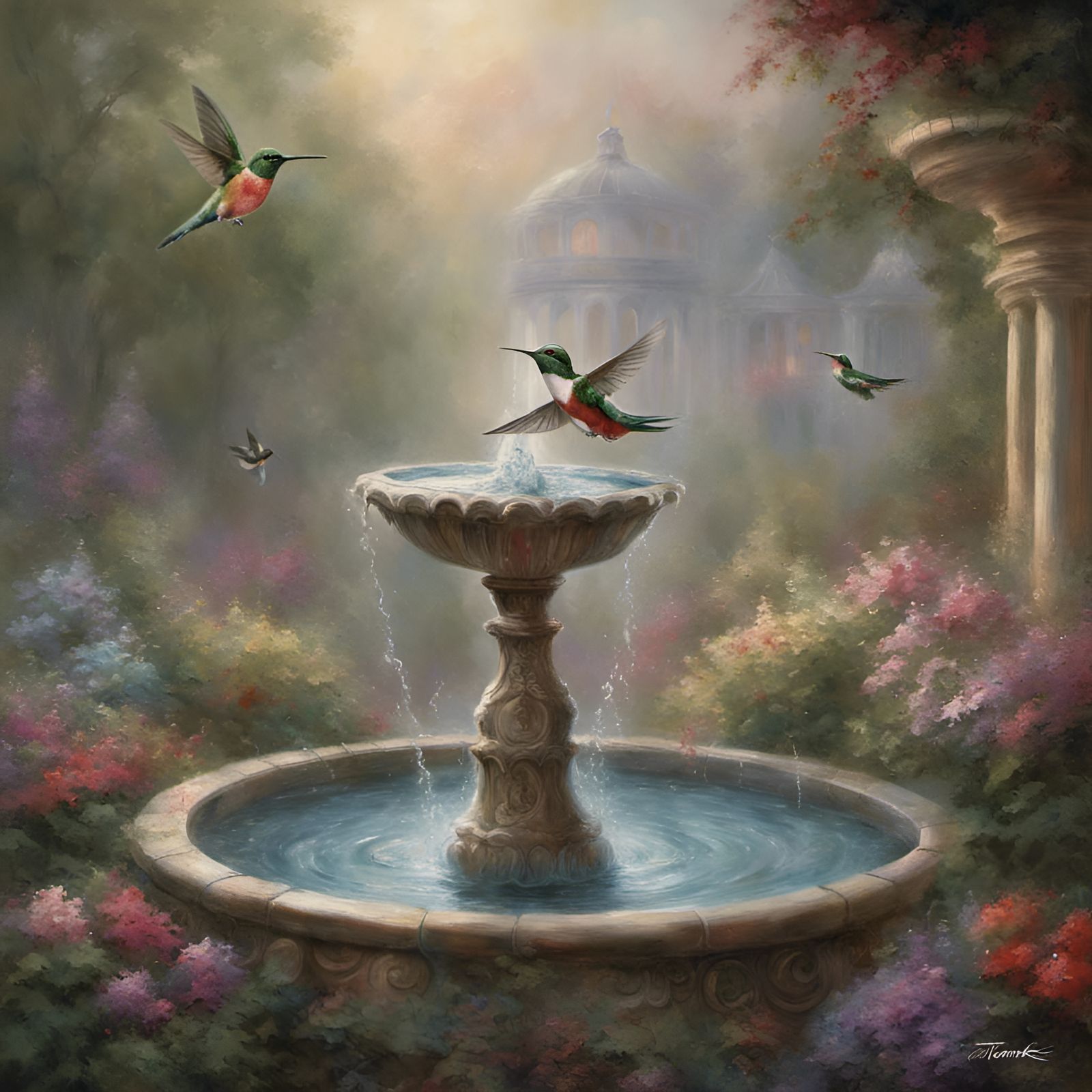 Humming bird drinking water out of bird fountain