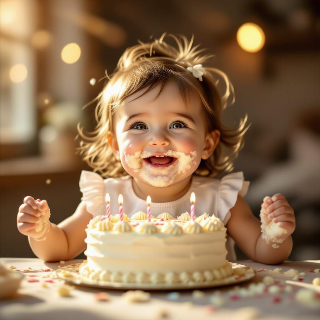 Joyful Baby Smeared with Birthday Cake in Golden Light