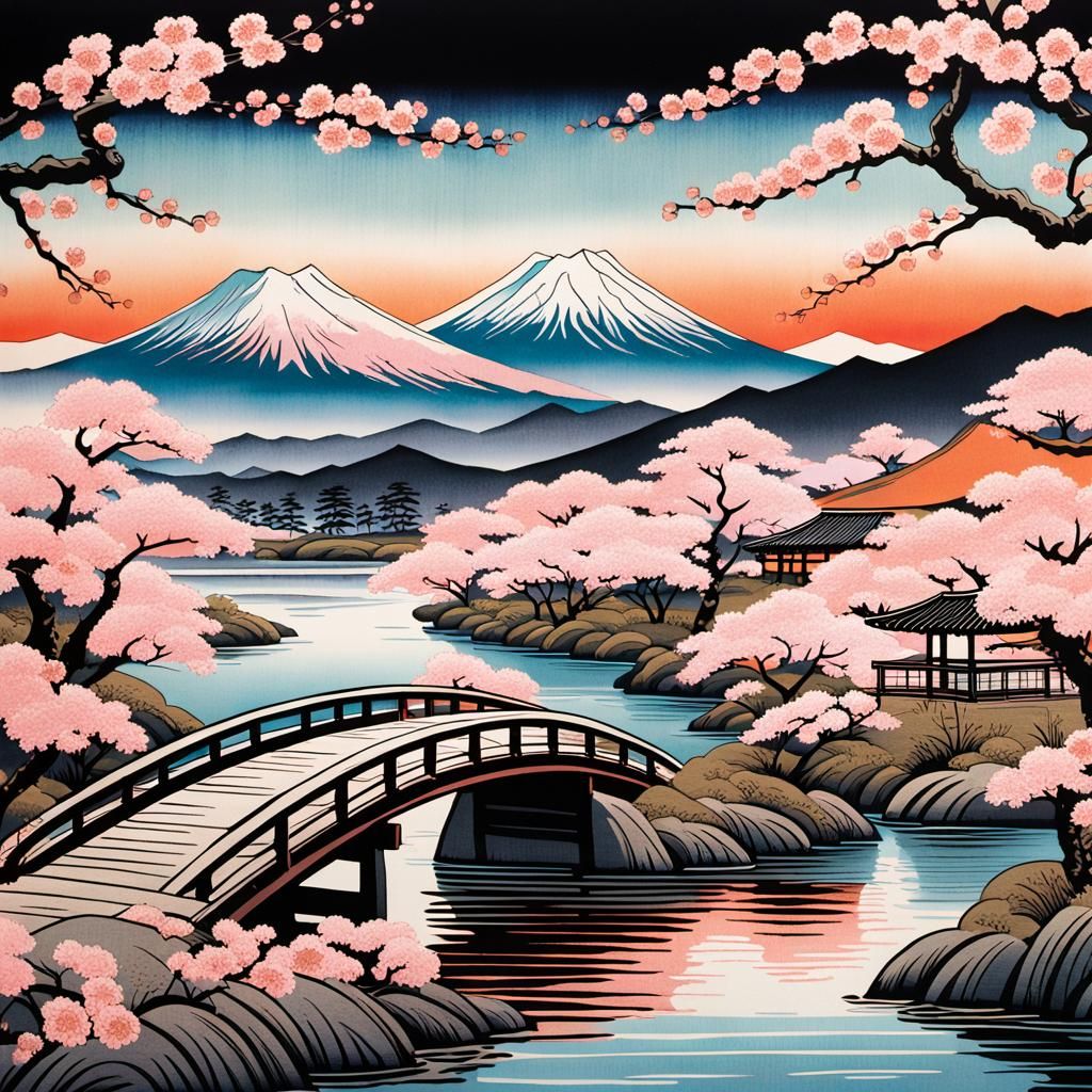 A vibrant Ukiyo-e scene depicting a serene Edo-era Japanese landscape. In the foreground, a traditional ...  by @CavDad 
