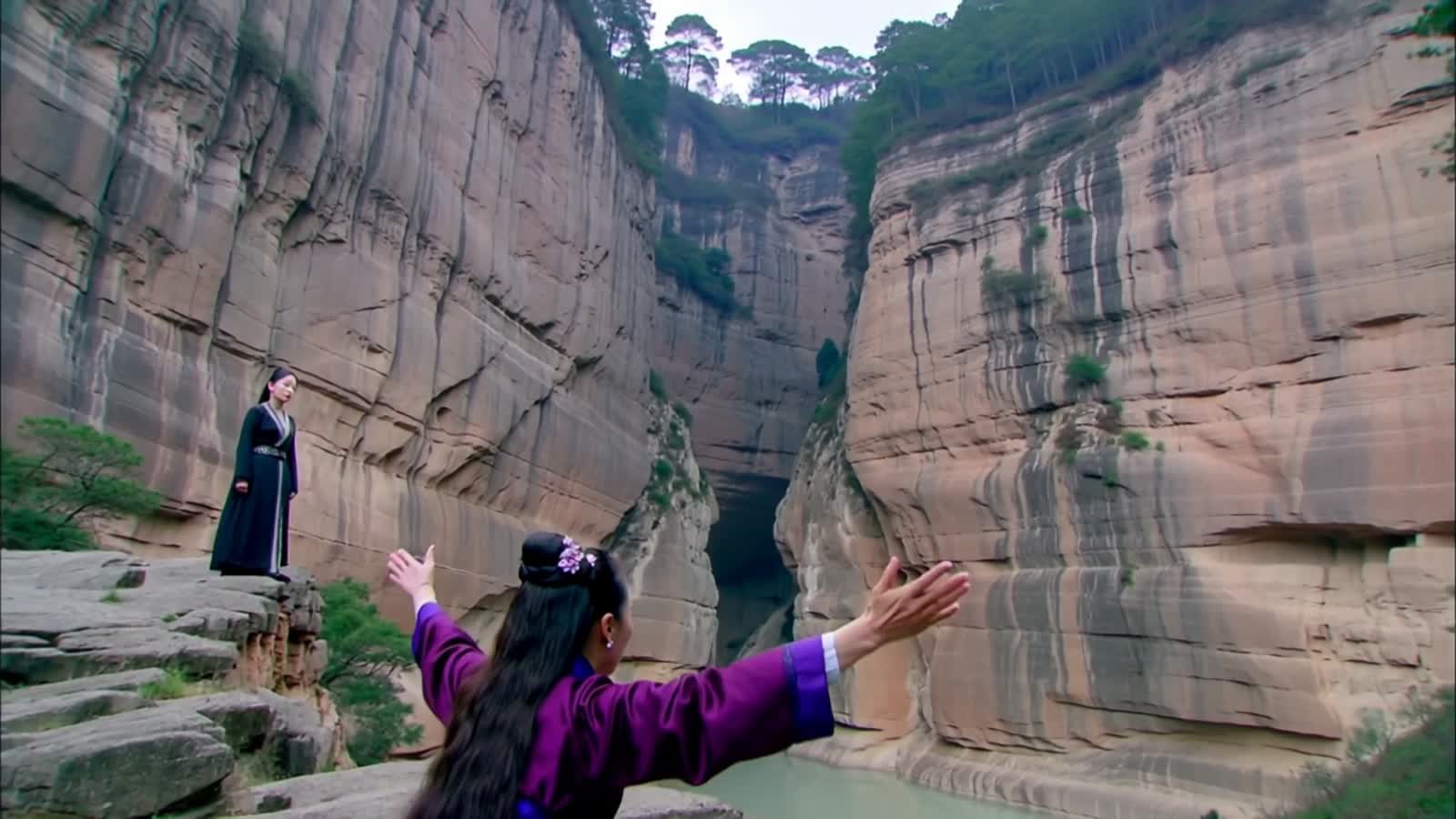 2 cliffs with a wide, deep chasm between them, a crying mother dressed in deep purple on her knees on the left cliff rea...