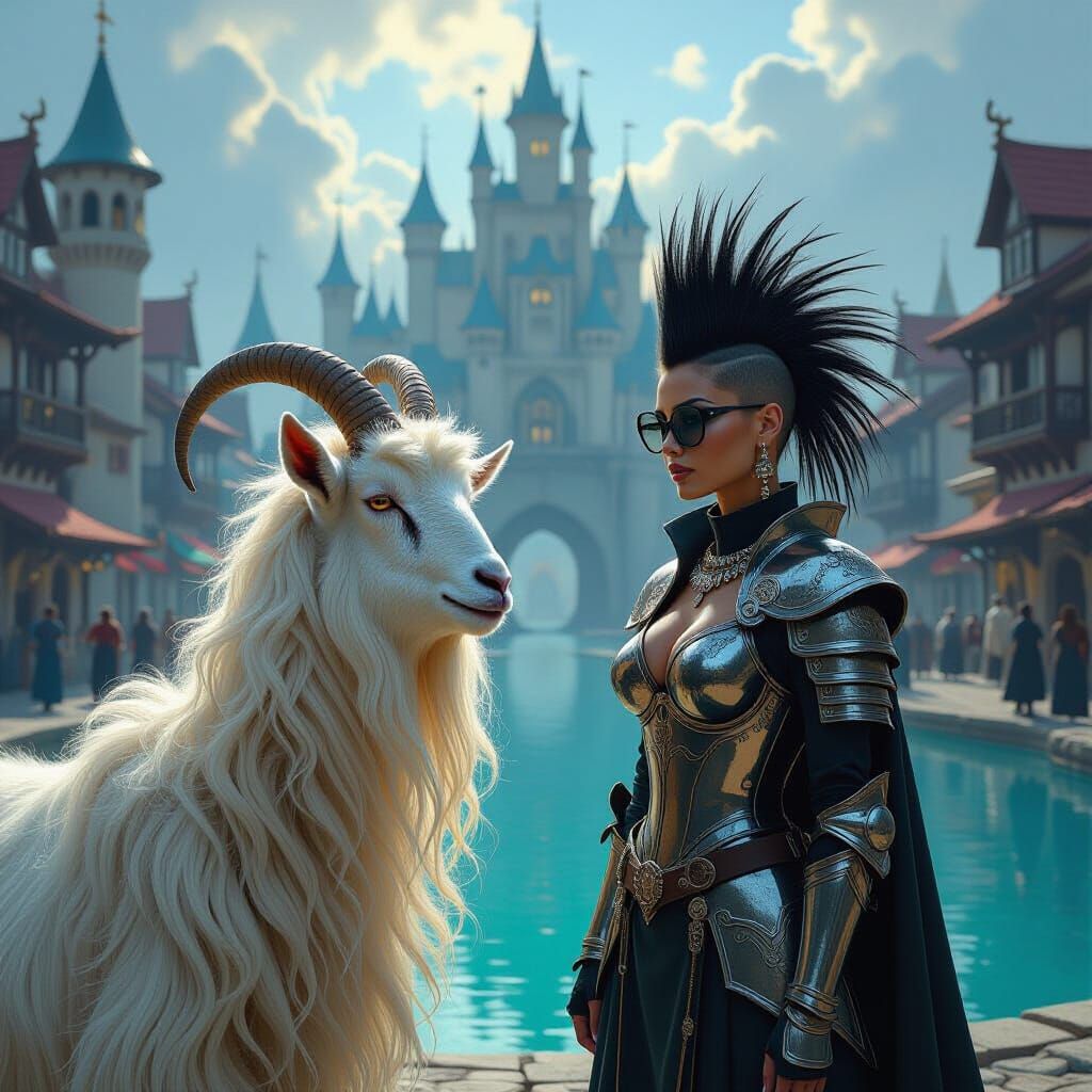 A goat with very long curly hair and a Siamese cat with a mohawk set in the mideviltimes era with a castle and a most with very aqua blue wa...