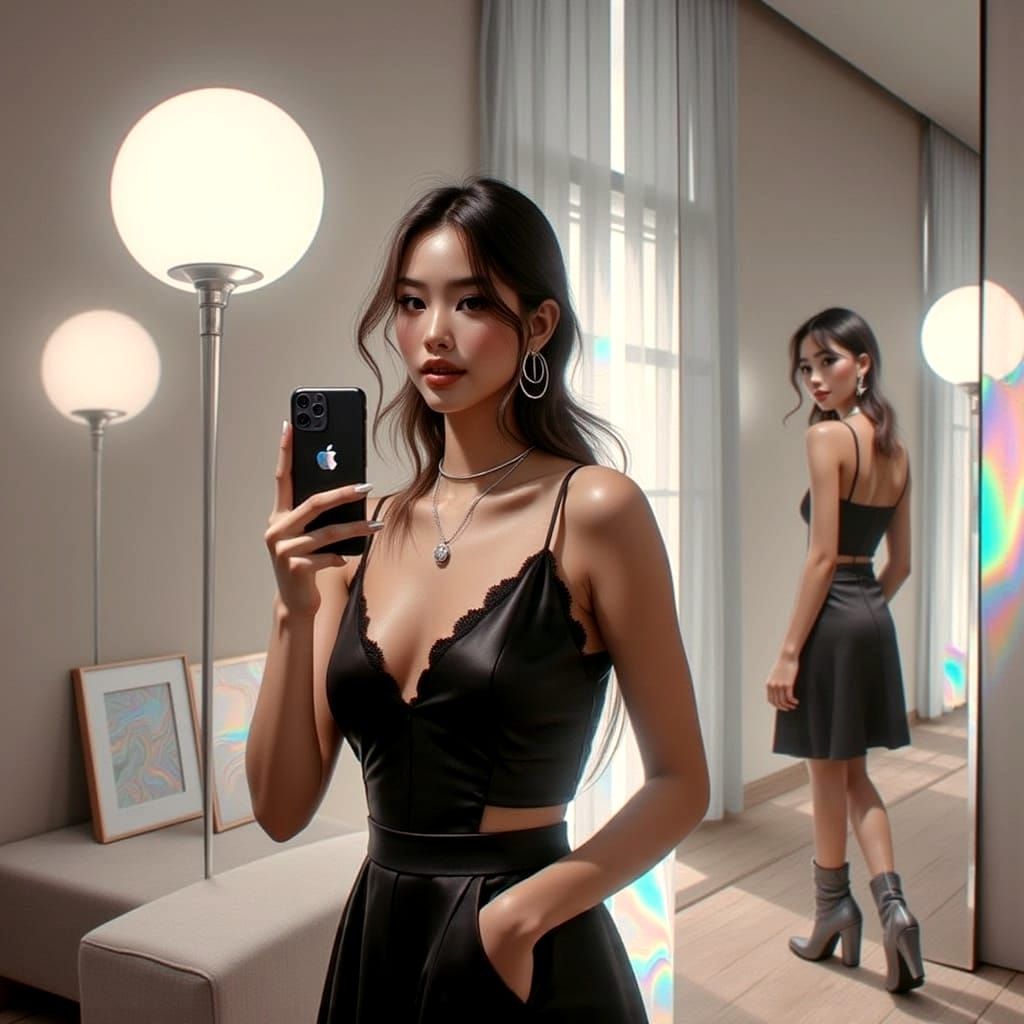 "Checking Herself" 

<lora:GlitchFoilFlux:1.0> woman, fair-skinned and appearing to be in her late 20s, stands confidently in a brightly lit dressing room, mid-m...