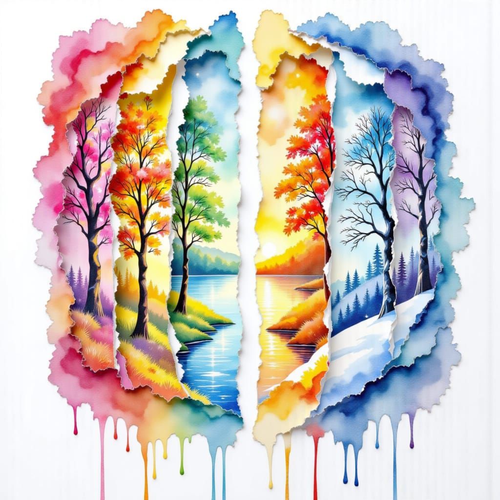 <lora:Four Seasons DE:1.0> Abstract vibrant watercolor portal swirls dripping in a double exposure effect across four vertical, ripped piece...