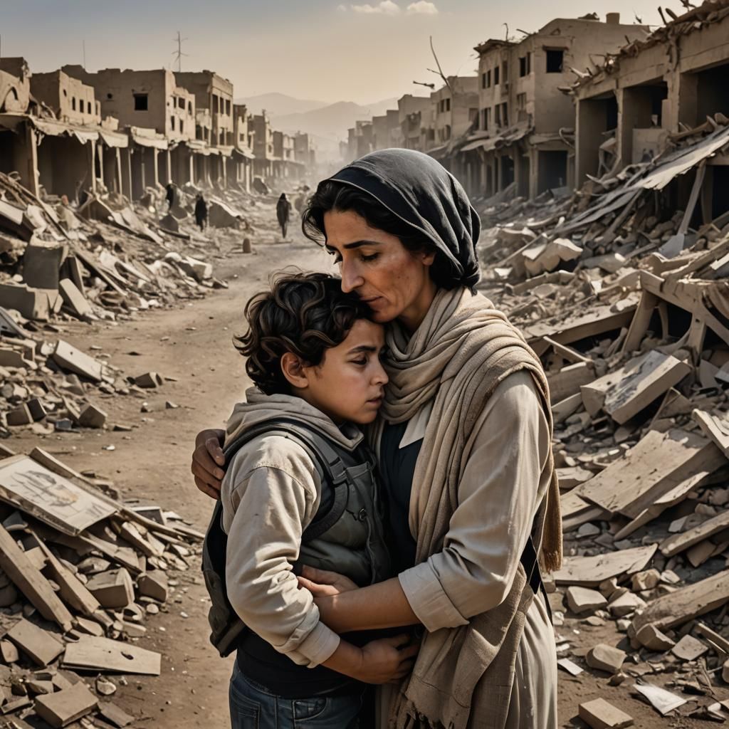 A poignant illustration of Hyperrealistic photo,  Middle-Eastern mother and her Caucasian  young son ...  by @Morpheus Dreams 