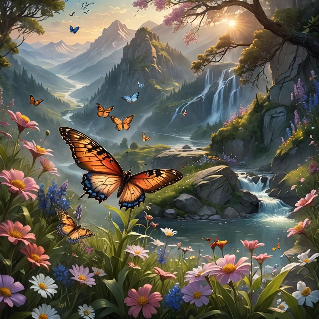 Birds butterflies Lush wildFlower mountain river landscape, Complex contrast, HDR, Sharp, soft Cinematic ...  by @Kosh