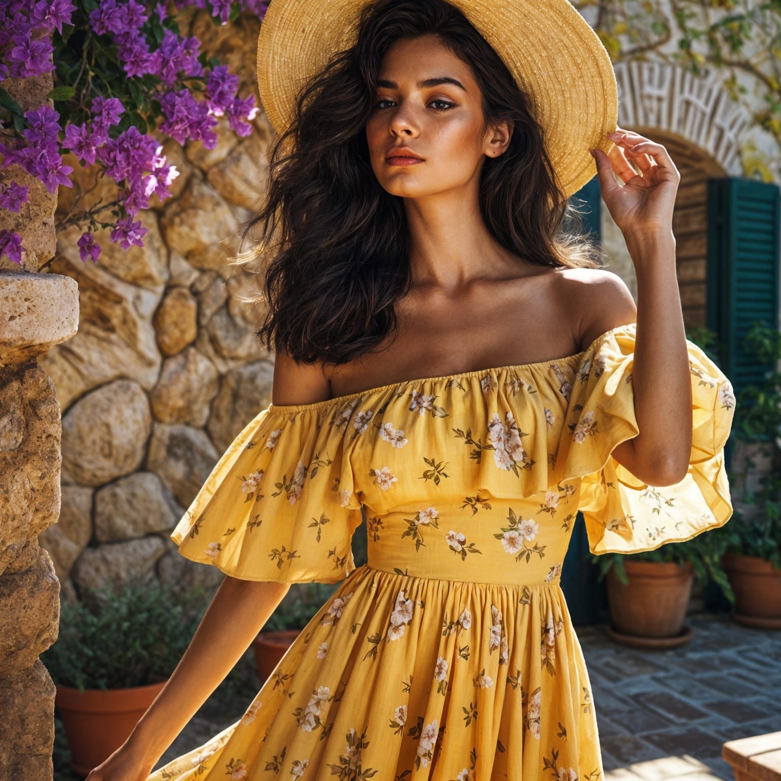 Yellow Dress and Bougainvillea