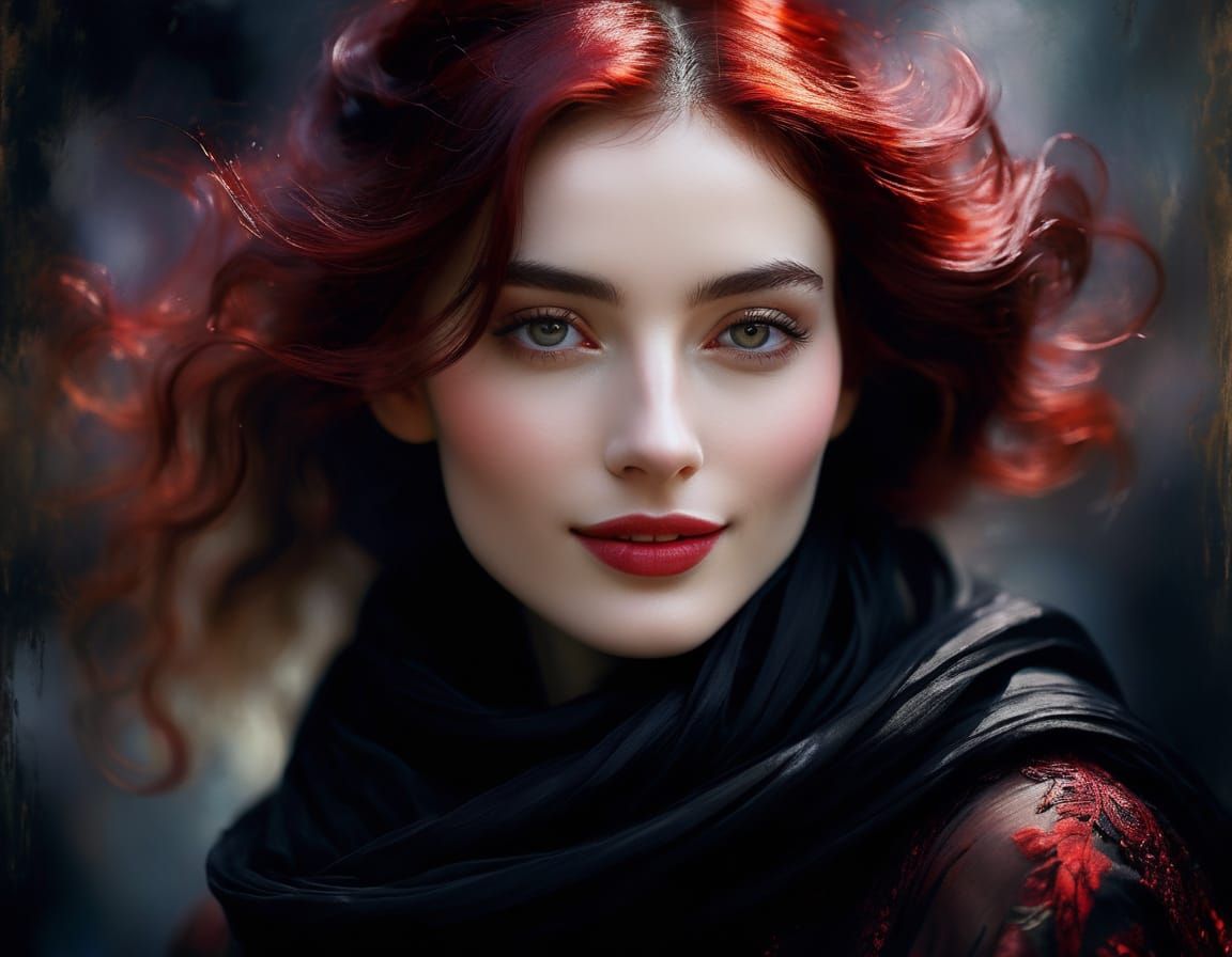 Baroque Woman Portrait with Silk Scarf in Chiaroscuro Style