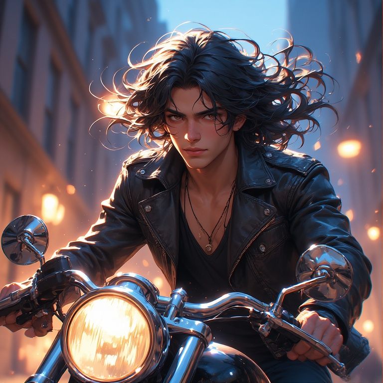 Handsome young man with long black hair blowing behind his h...