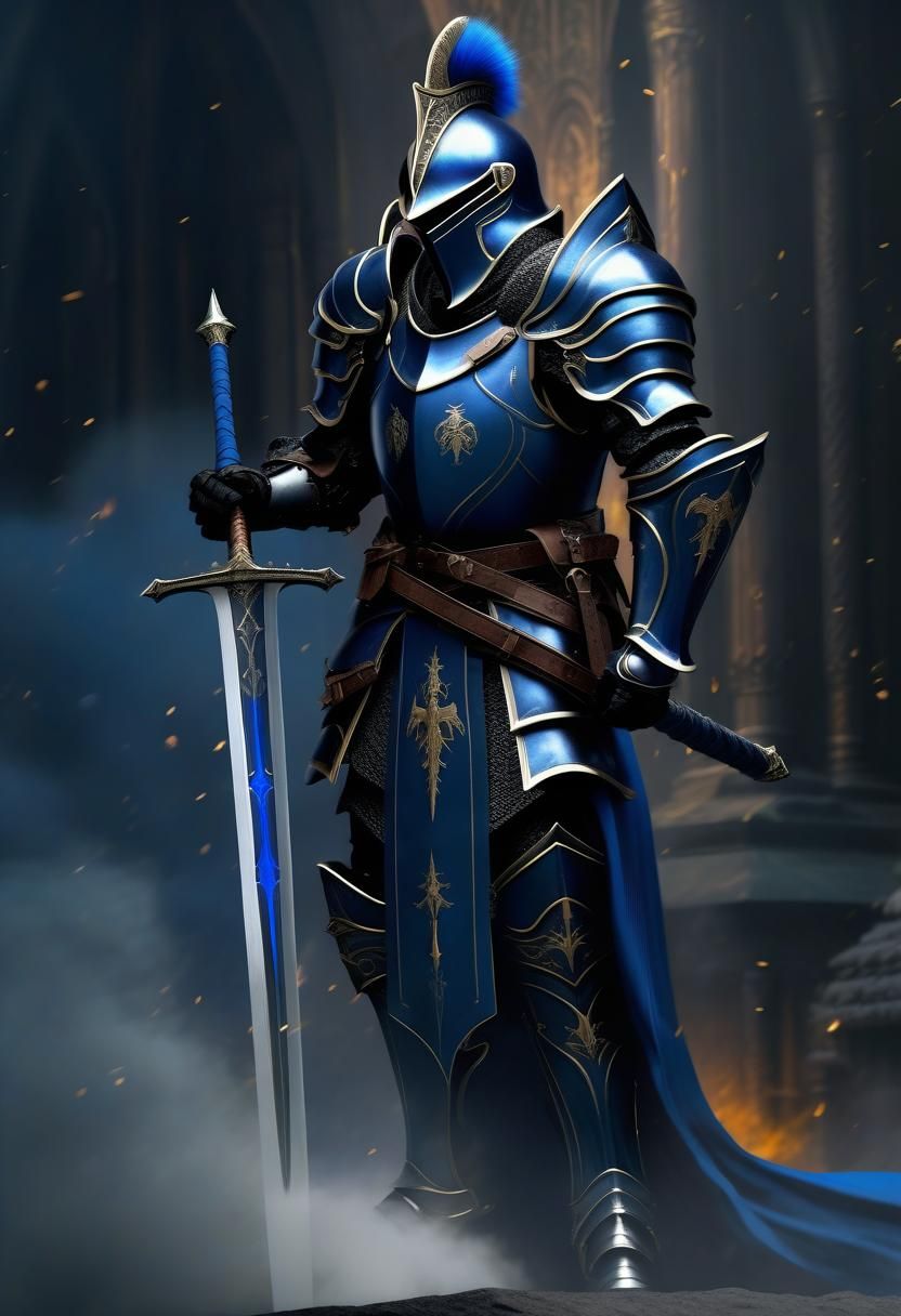 Full armor Knight with a black and blue robe whielding a lon...