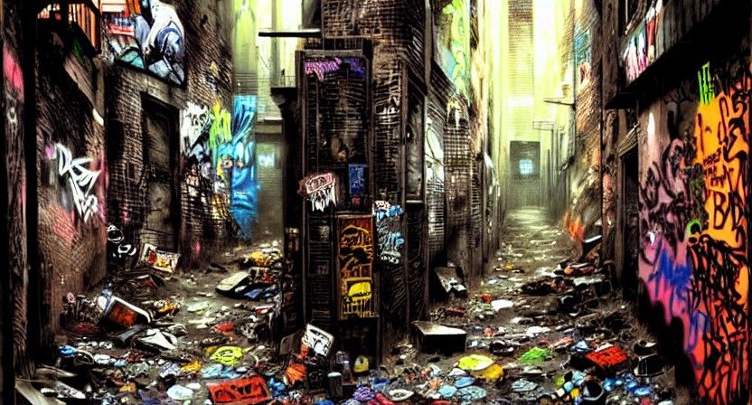 Dark alleyway covered in junk and graffiti, Frank Miller, de...