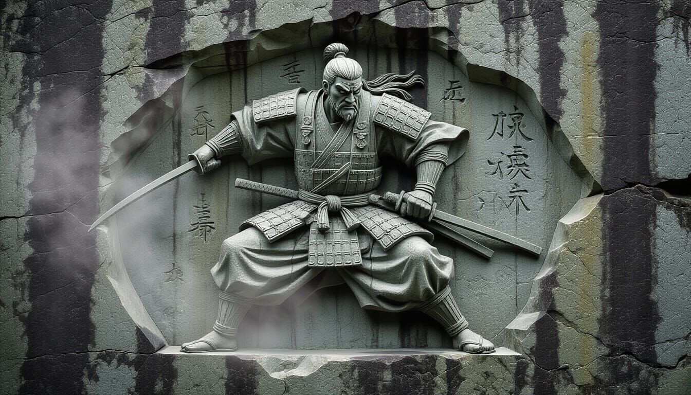 Bas-relief sculpture. Medium shot. A powerful ronin warrior, mid-stride, with a determined expression, ...  by @Niels Carlsen