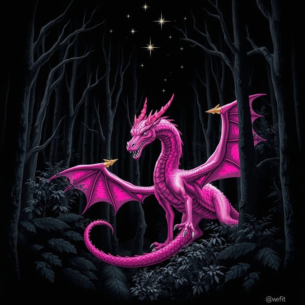 Duotone picture of a Pink dragon emerging from a black, myst...