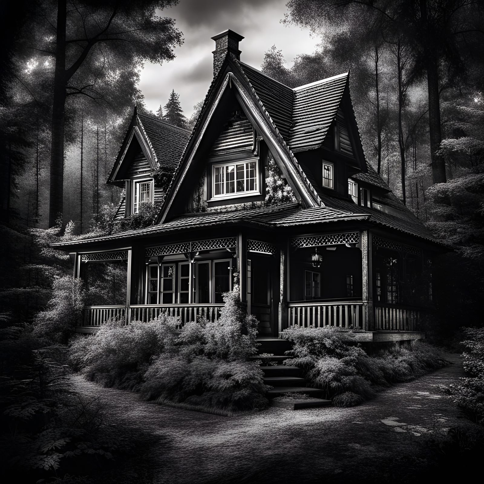 Cottage in the forest in black and white ink style  by @good_2_go