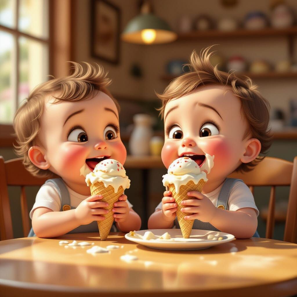 Joyful Babies Eating Ice Cream in Pixar Style