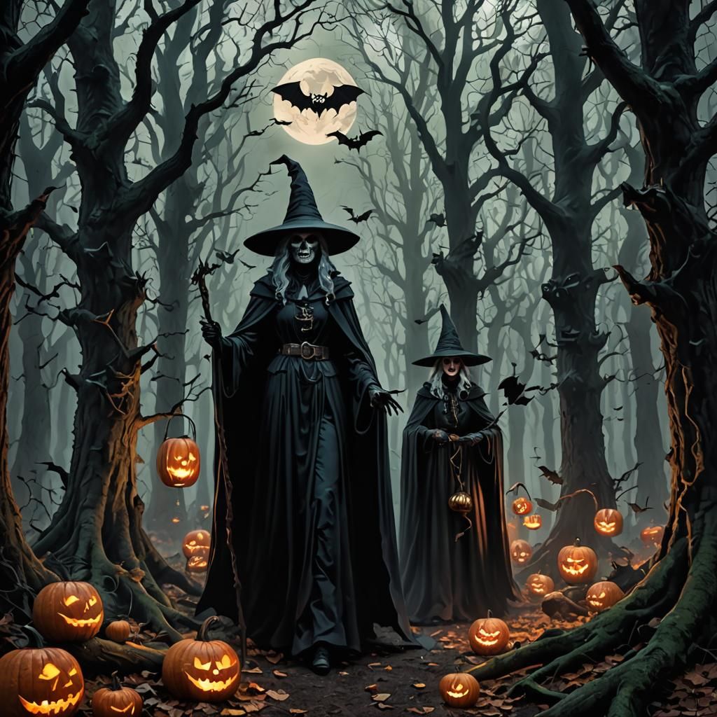Spooky Forest with Sabbath Witches and Ghosts