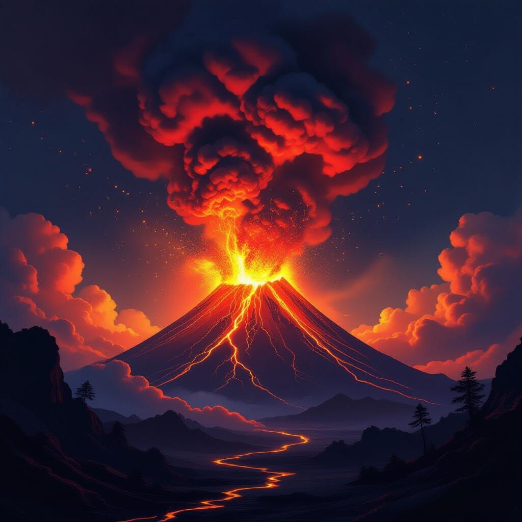 Majestic Volcano Eruption Spewing Fiery Lava and Ash