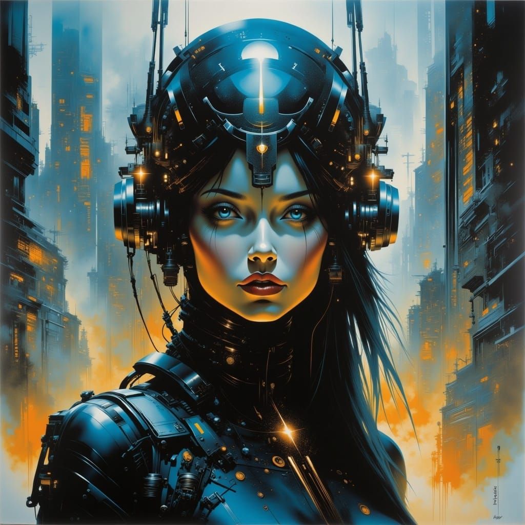 <lora:The Convergence:1.0>; 8k; a stunning photo realistic grunge painting; distopian city; futuristic high tech cyberpunk womans face; colo...