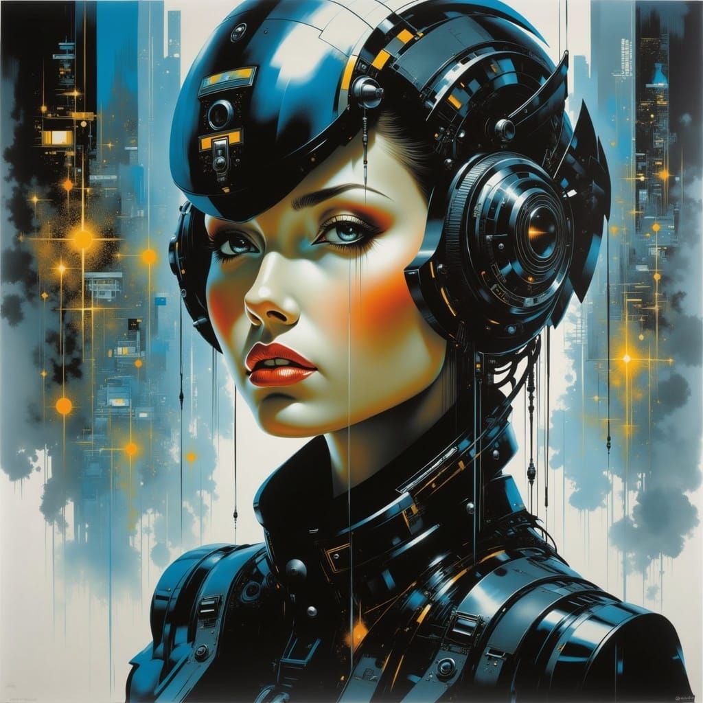 <lora:The Convergence:1.0>; 8k; a stunning photo realistic grunge painting; distopian city; futuristic high tech cyberpunk womans face; colo...