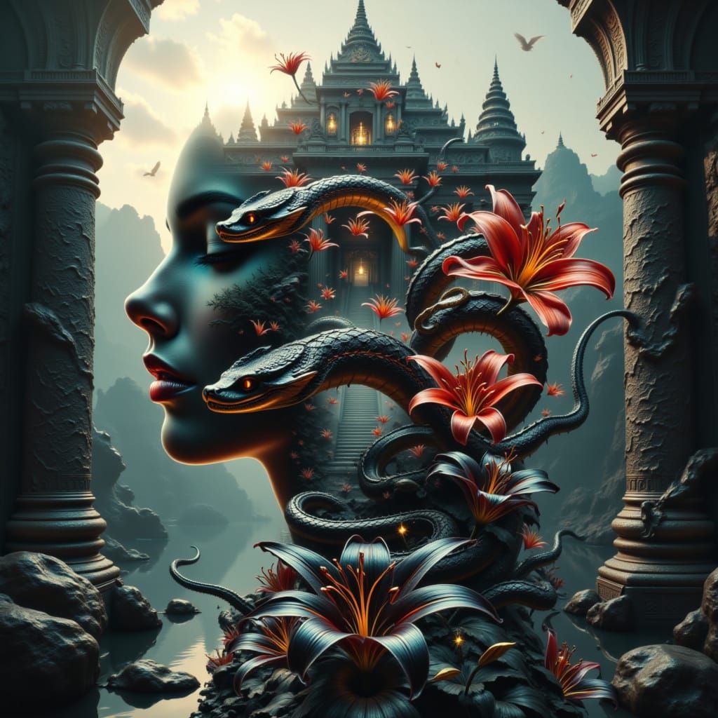 Ancient Temple with Cobra and Black Lilies in Trippy Layered...