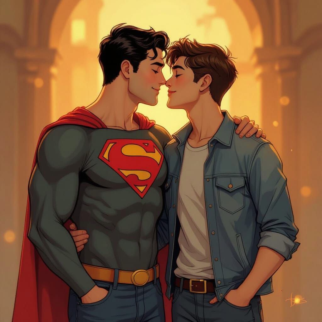 A shirtless Clark Kent kissing a shirtless red-headed Jimmy Olsen. Clark Kent is 6 foot 3 inches and Jimmy Olsen is 5 foot 10 inches.
