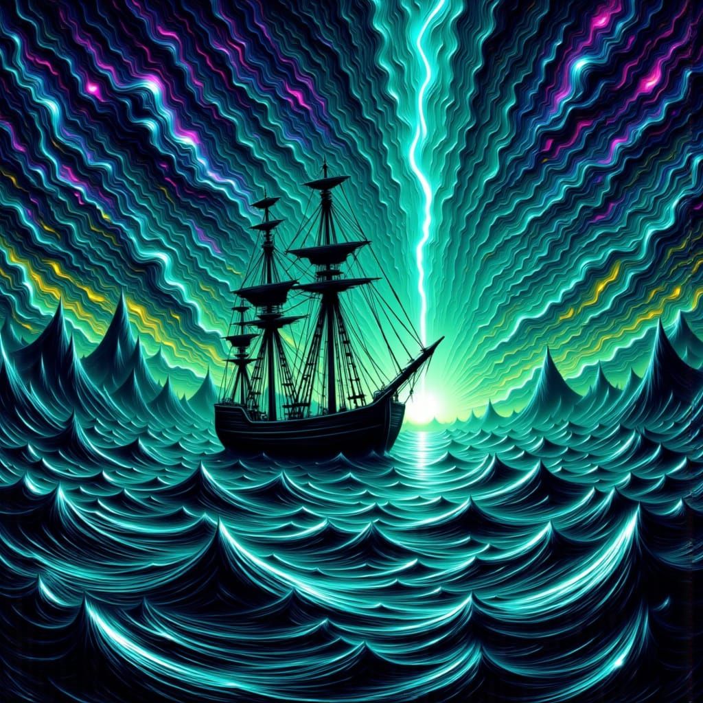 Electric storm seas, neon waves, and spectral light painting a lone ship in chaos.